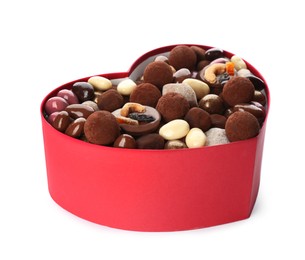 Photo of Delicious chocolate candies in heart shaped box on white background