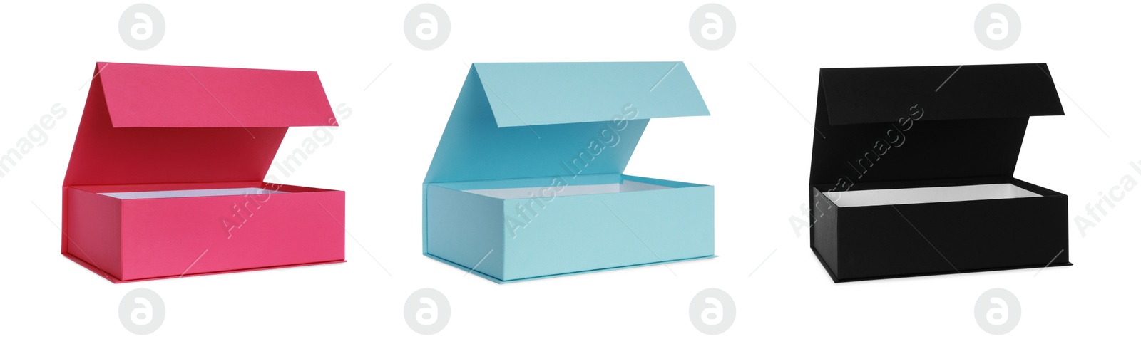 Image of Set with cardboard boxes for shoes on white background. Banner design