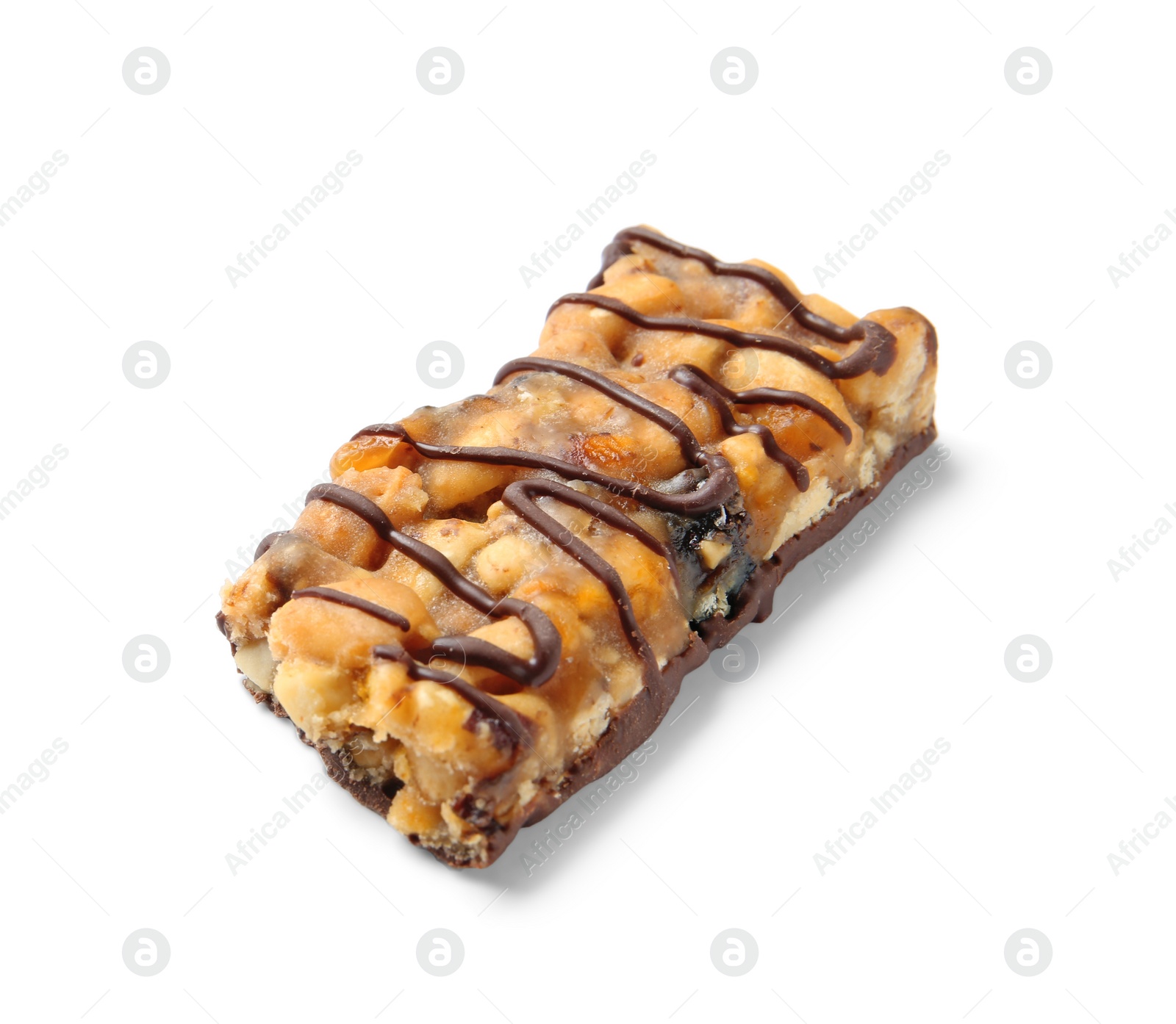 Photo of Grain cereal bar with chocolate on white background. Healthy snack