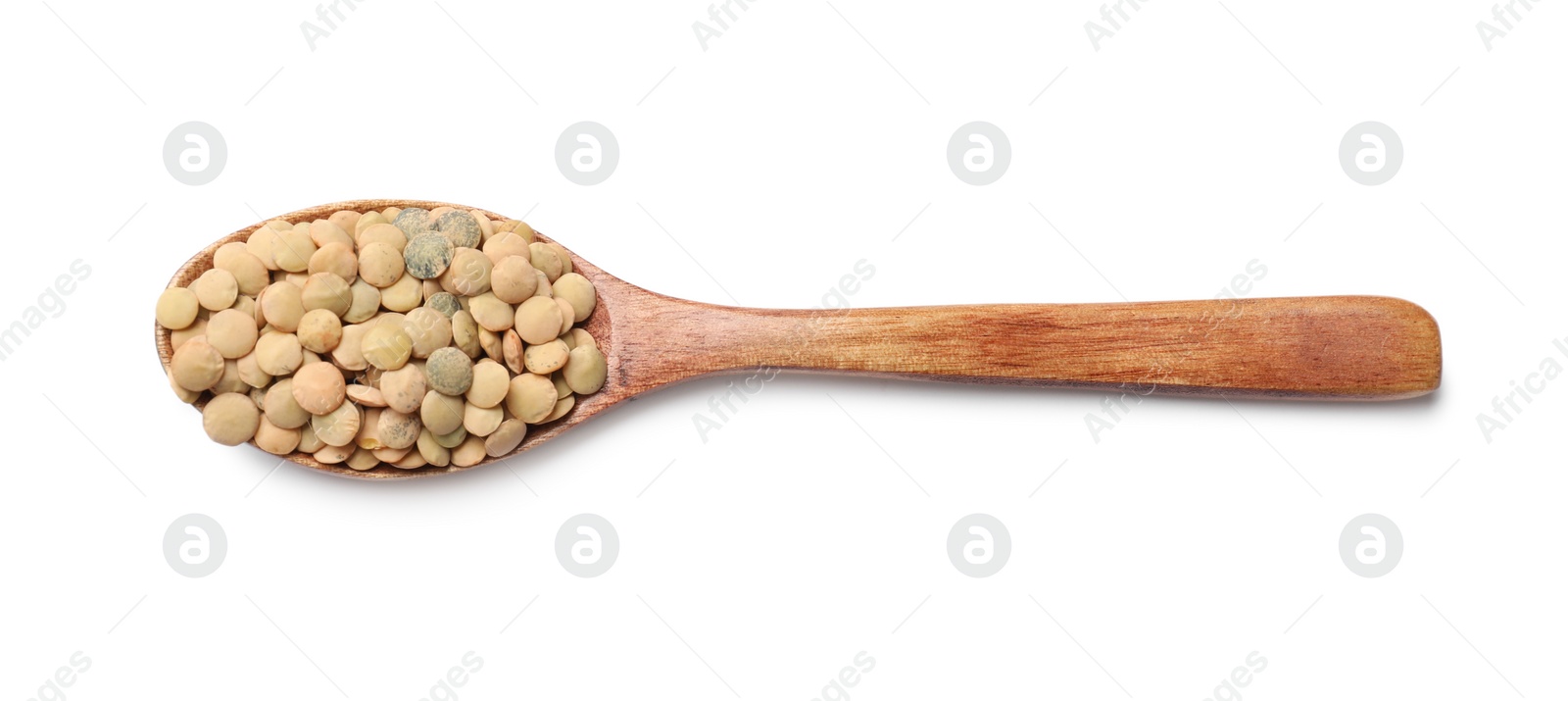 Photo of Spoon with raw lentils isolated on white, top view