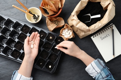 Woman planting vegetable seeds at table, closeup