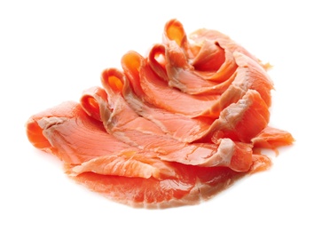 Photo of Fresh sliced salmon fillet on white background