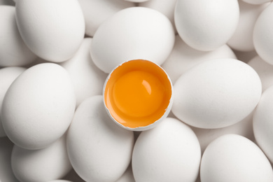 Photo of Fresh raw chicken eggs as background, top view