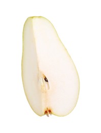 Photo of Piece of ripe pear on white background