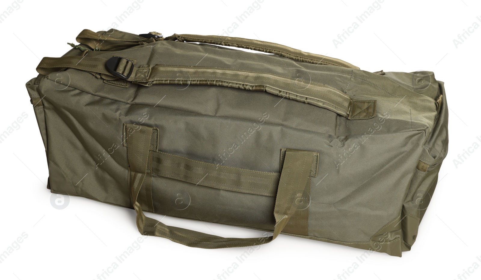 Photo of Army duffle bag isolated on white. Military equipment