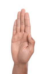 Photo of Man giving high five on white background, closeup of hand