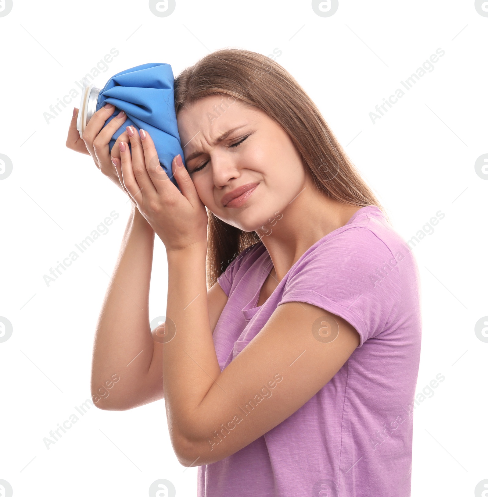 Photo of Unhappy woman using cold pack to cure headache on white background