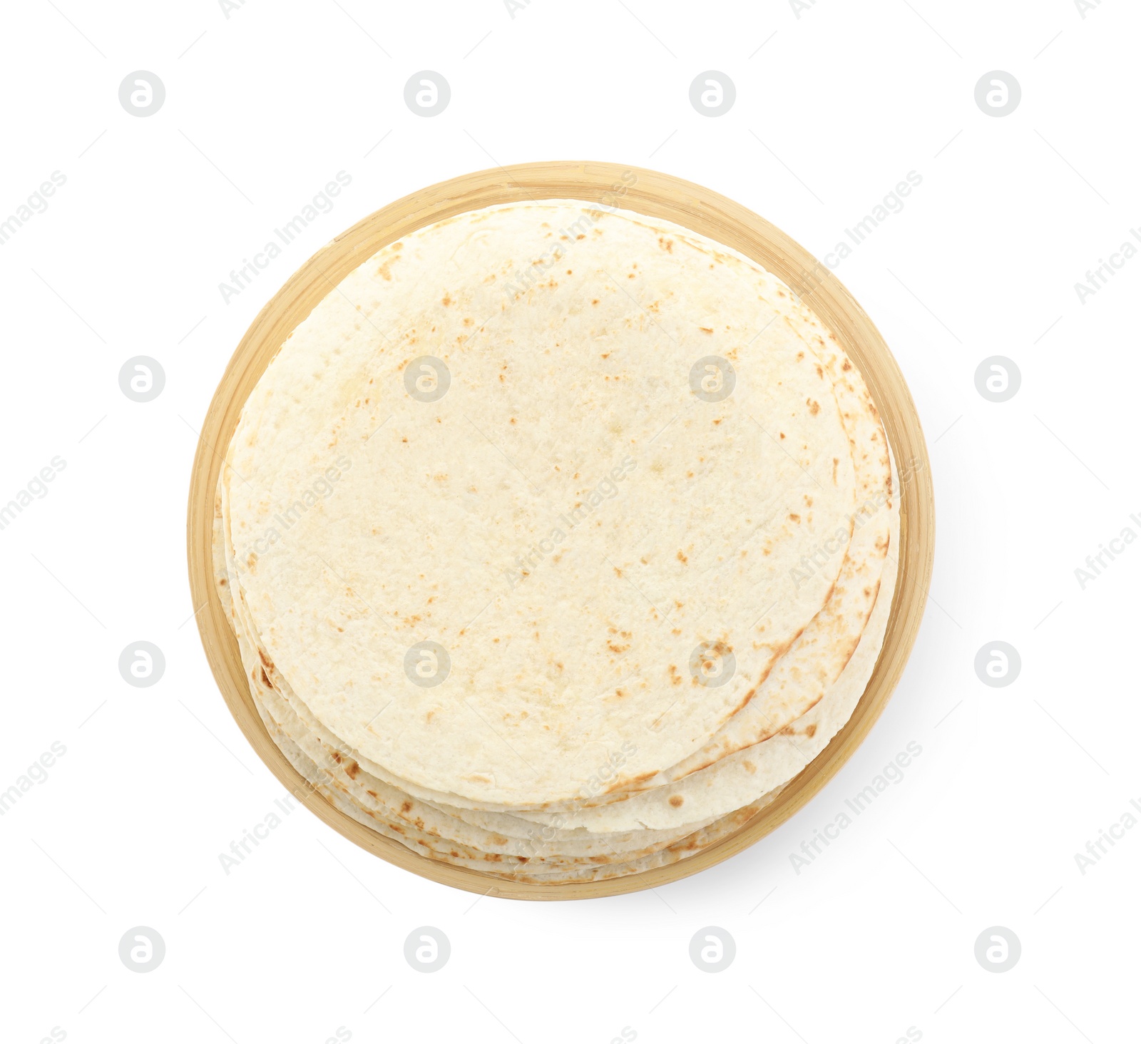 Photo of Stack of tasty homemade tortillas isolated on white, top view