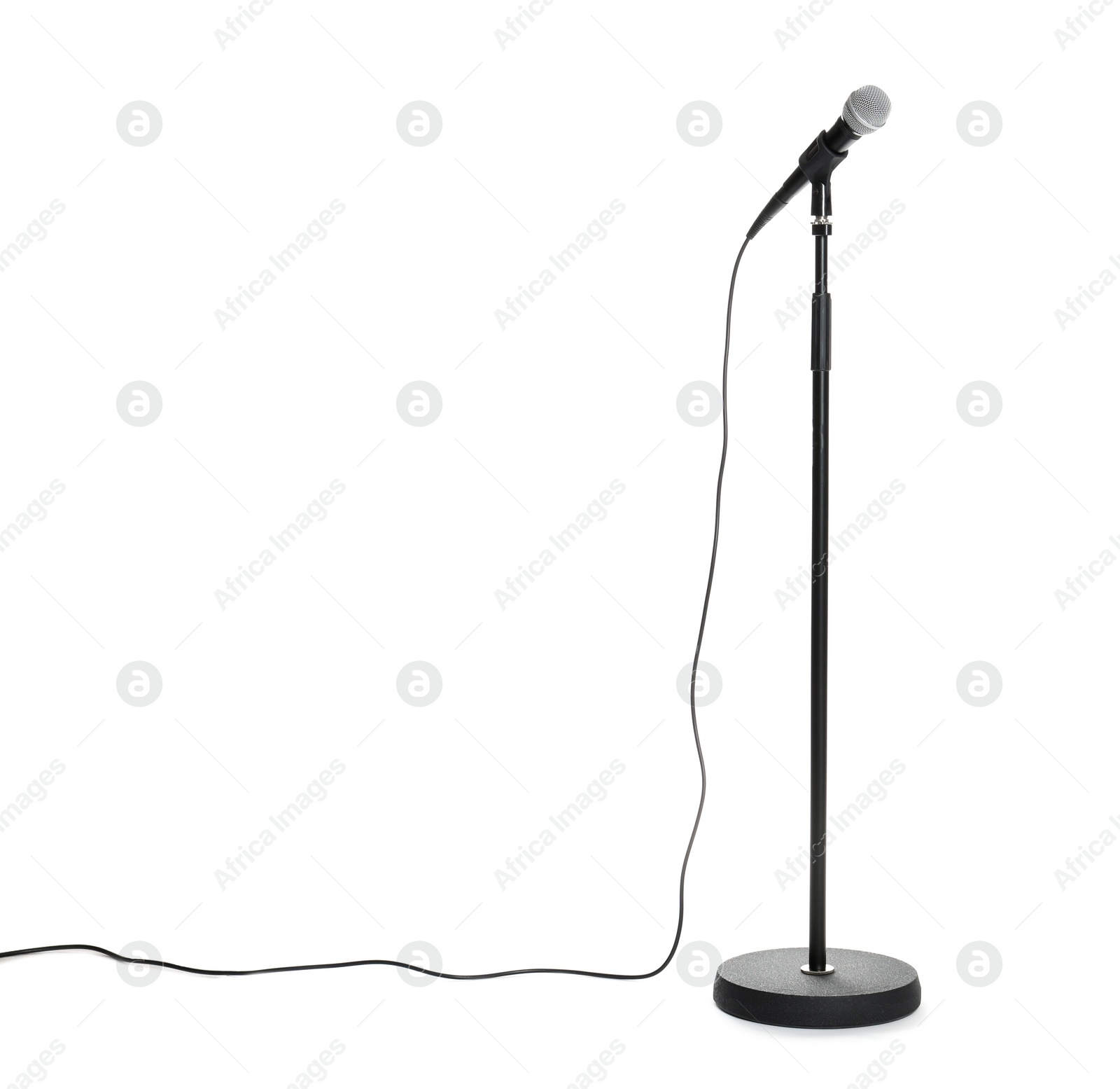 Photo of Stand with modern microphone on white background