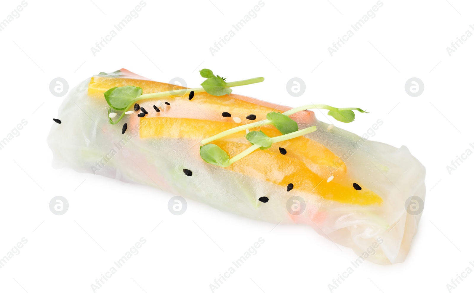 Photo of Tasty spring roll with sesame seeds and microgreens isolated on white