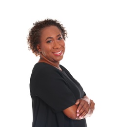 Portrait of happy African-American woman on white background