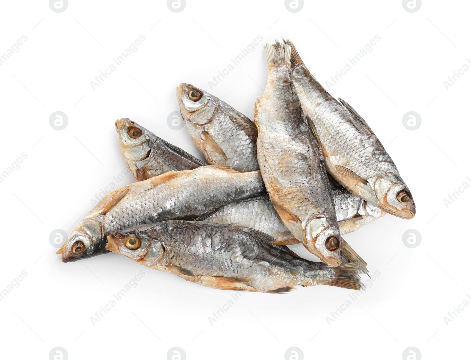 Photo of Tasty dried fish isolated on white, top view. Seafood