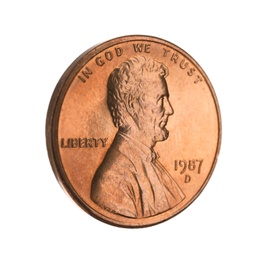 Photo of United States one cent coin on white background