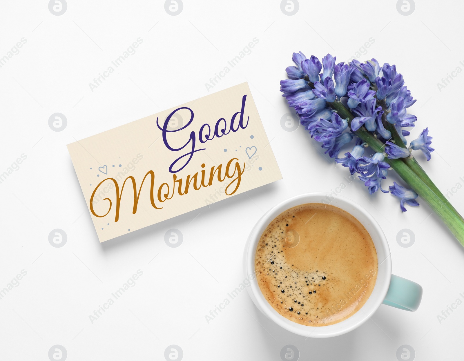 Image of Card with text Good Morning, coffee and hyacinth flowers on white background, flat lay