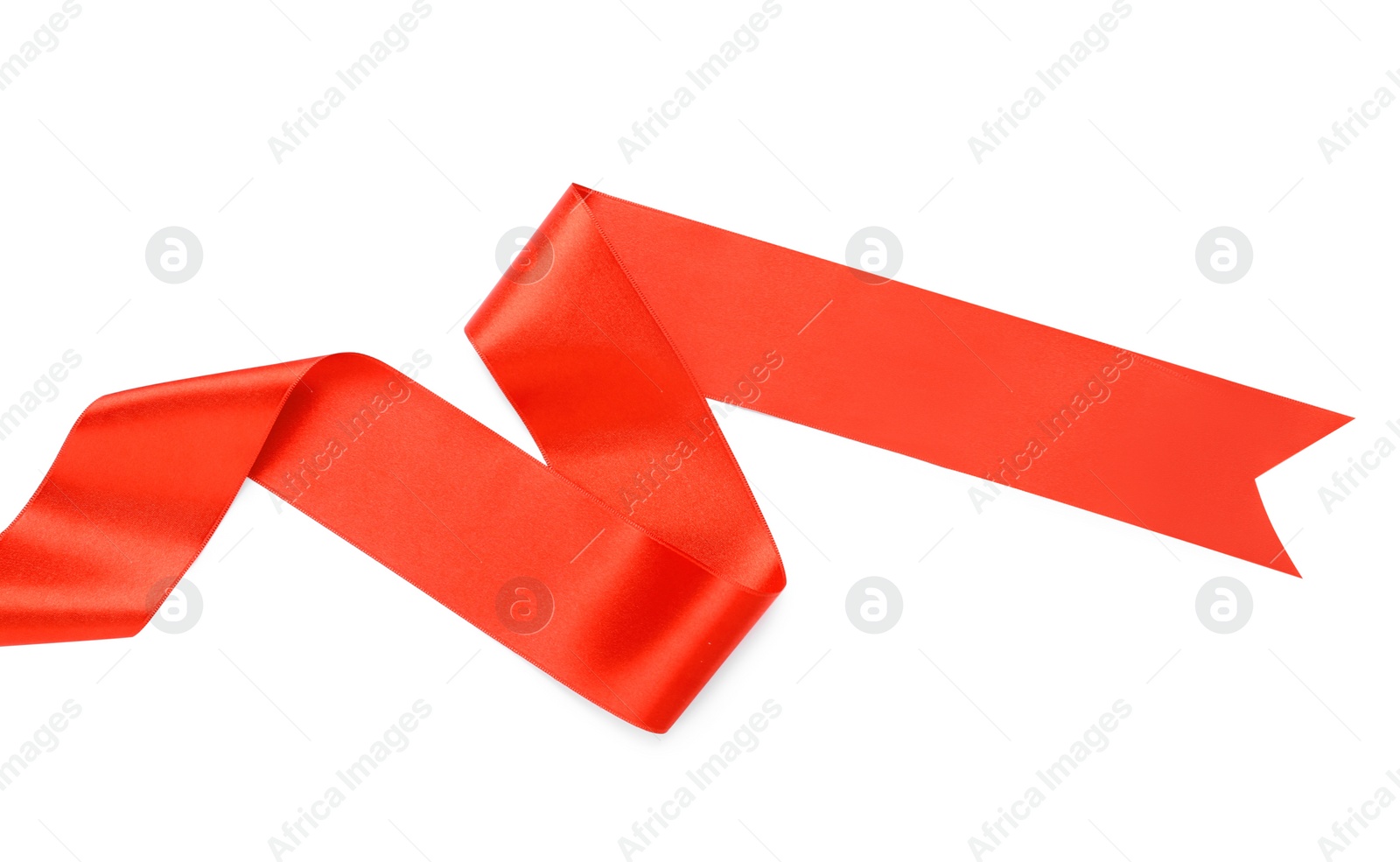 Photo of Beautiful red ribbon isolated on white, top view