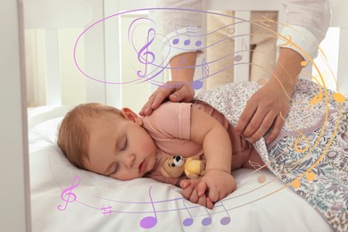 Mother singing lullaby to her sleepy baby indoors, closeup. Music notes illustrations flying around woman and child