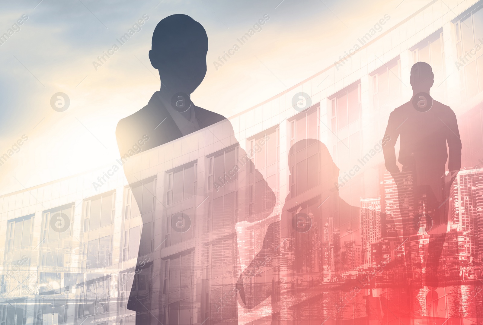 Image of Double exposure of businesspeople and cityscape. Leadership concept