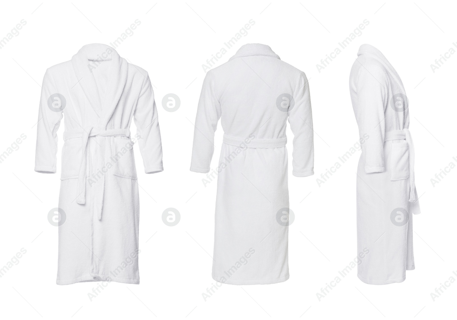 Image of Collage with clean terry bathrobe on white background, different views