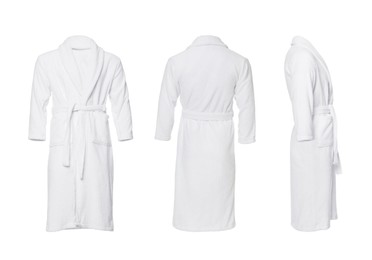 Image of Collage with clean terry bathrobe on white background, different views