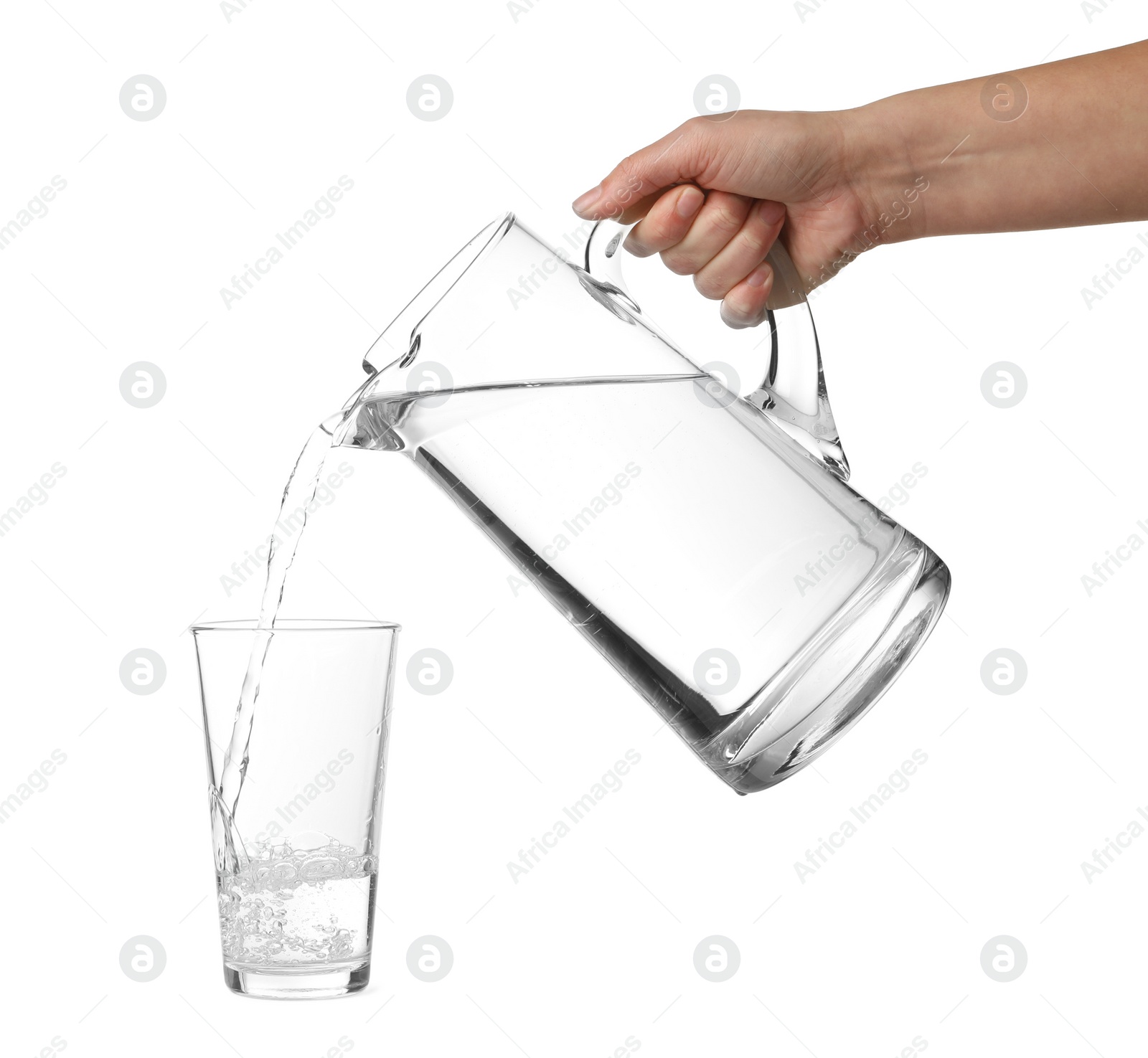 Photo of Woman pouring water from jug into glass on white background, closeup