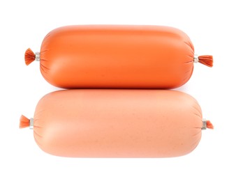 Photo of Different tasty boiled sausages on white background, top view