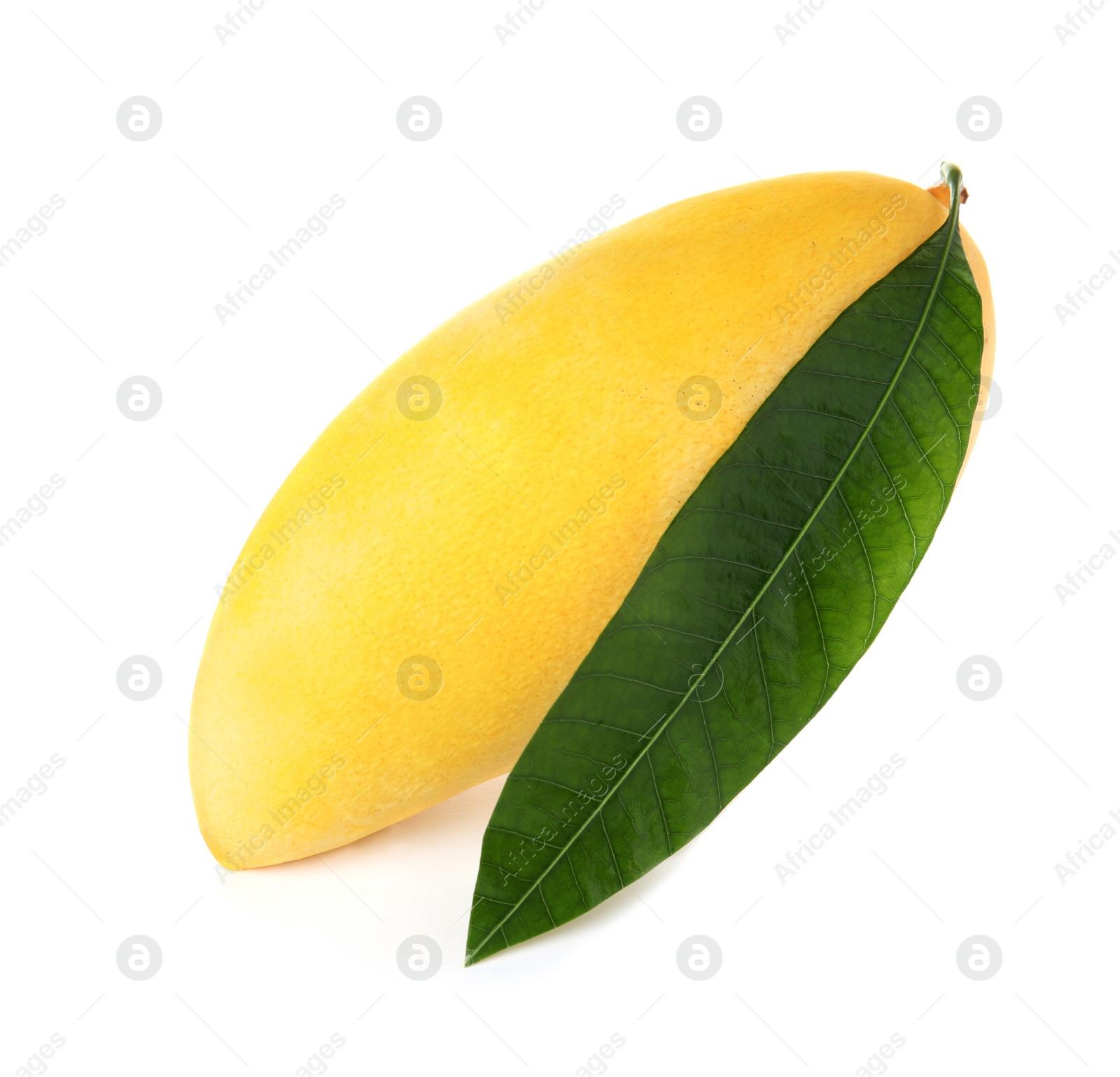 Photo of Fresh ripe mango with green leaf isolated on white