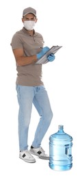 Courier in medical mask with clipboard and bottle for water cooler on white background. Delivery during coronavirus quarantine