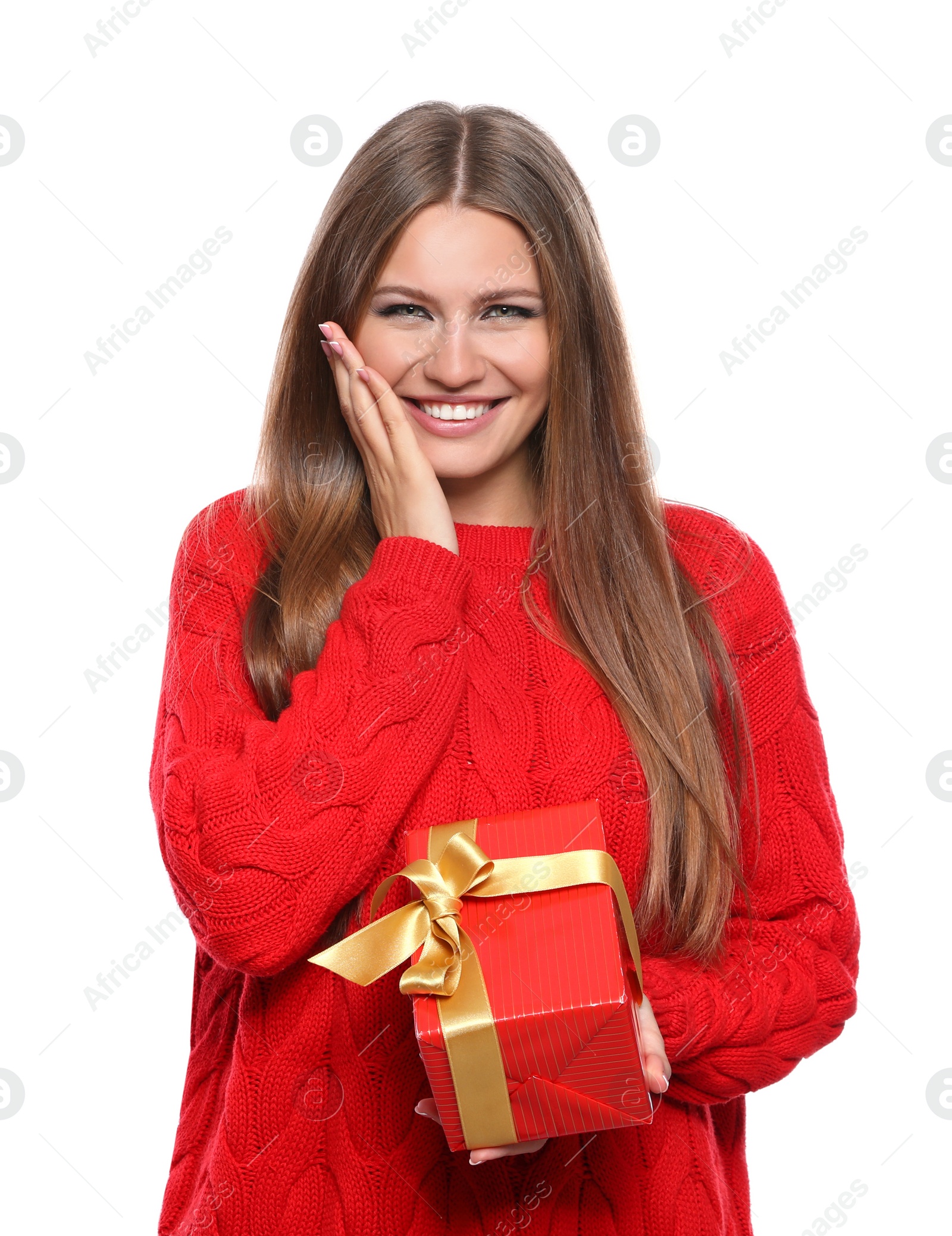 Photo of Young woman with Christmas gift on white background