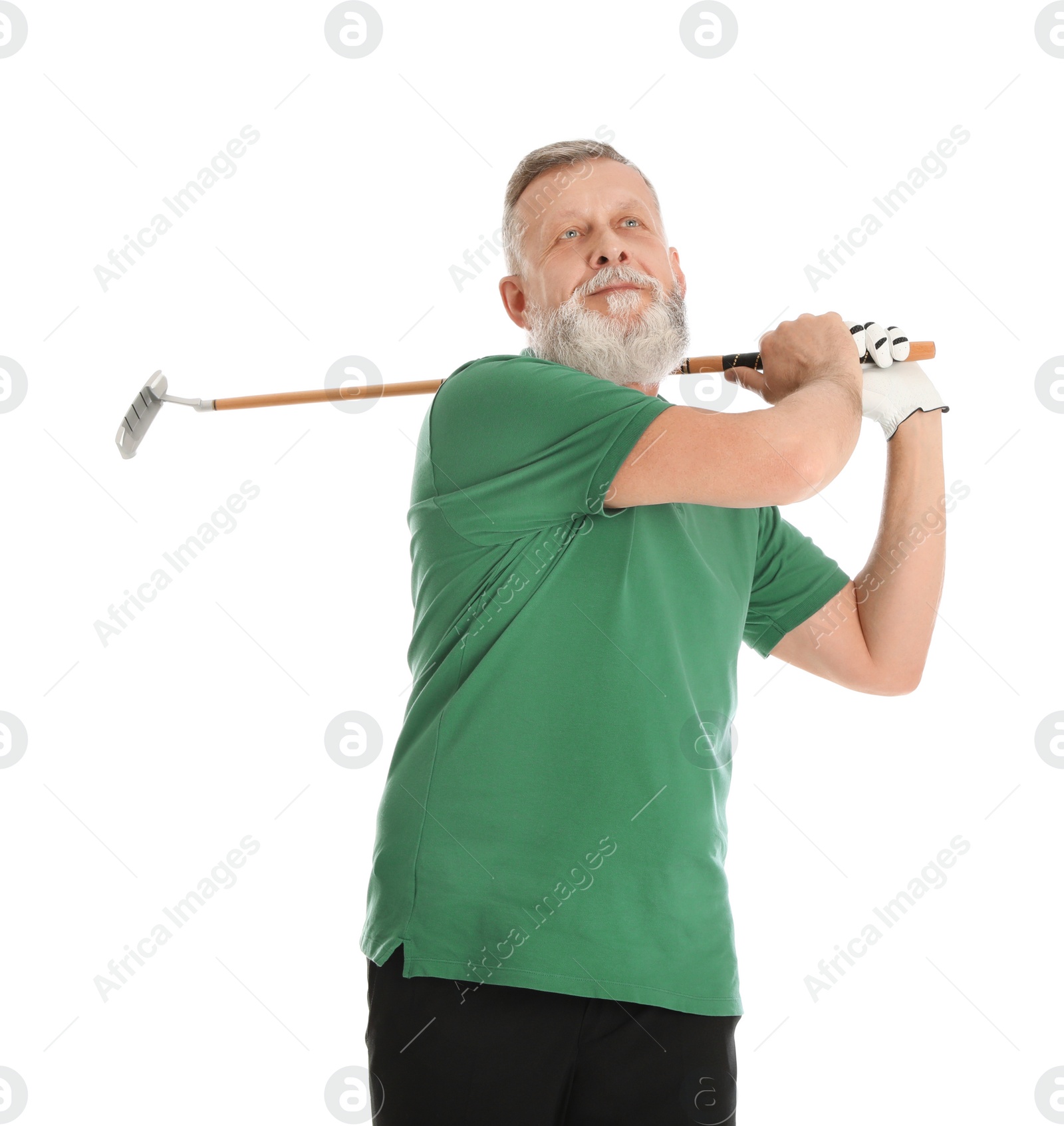 Photo of Senior man playing golf on white background