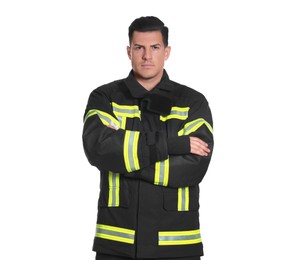Photo of Portrait of firefighter in uniform on white background