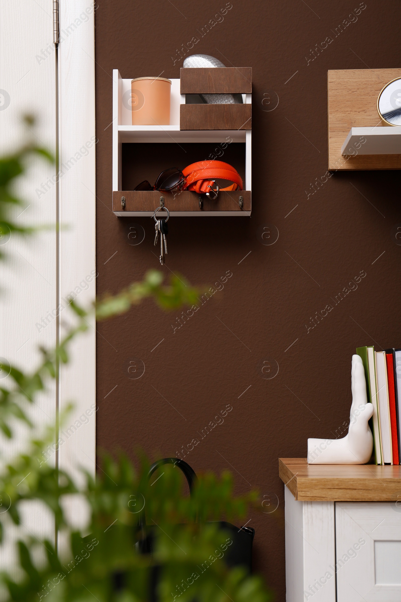 Photo of Stylish hanger for keys on brown wall in hallway