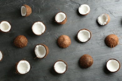 Photo of Coconut pattern on grey table, flat lay