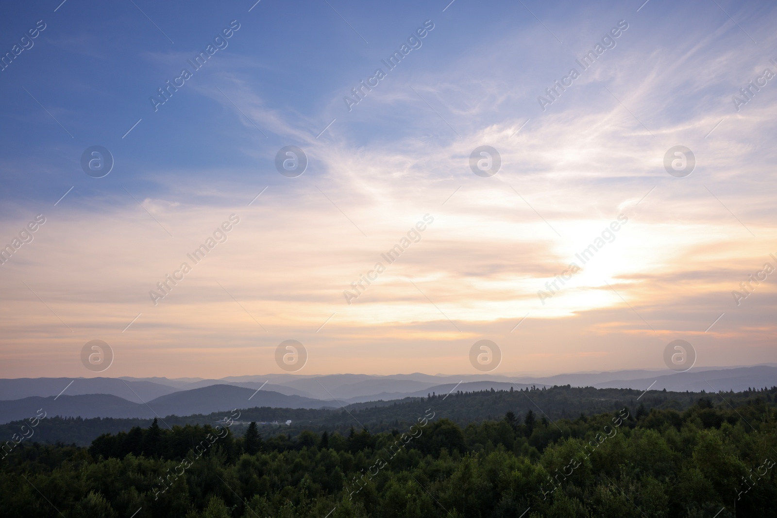 Photo of Picturesque view of mountains covered with forest under sky