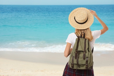 Traveler with backpack on seashore during summer vacation trip, back view. Space for text