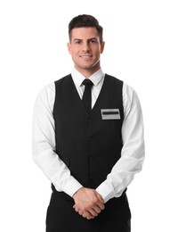 Portrait of happy receptionist in uniform on white background