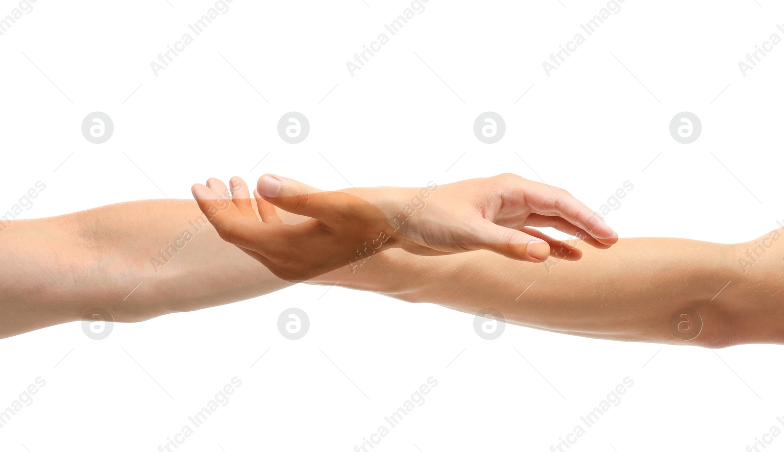 Image of Double exposure of people's hands on white background, closeup