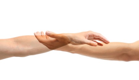 Image of Double exposure of people's hands on white background, closeup