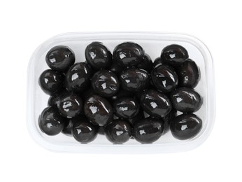 Fresh black olives in plastic container isolated on white, top view