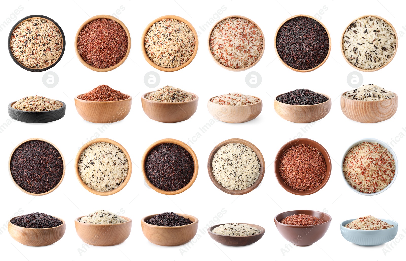 Image of Set with different types of rice in bowls on white background