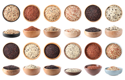 Image of Set with different types of rice in bowls on white background