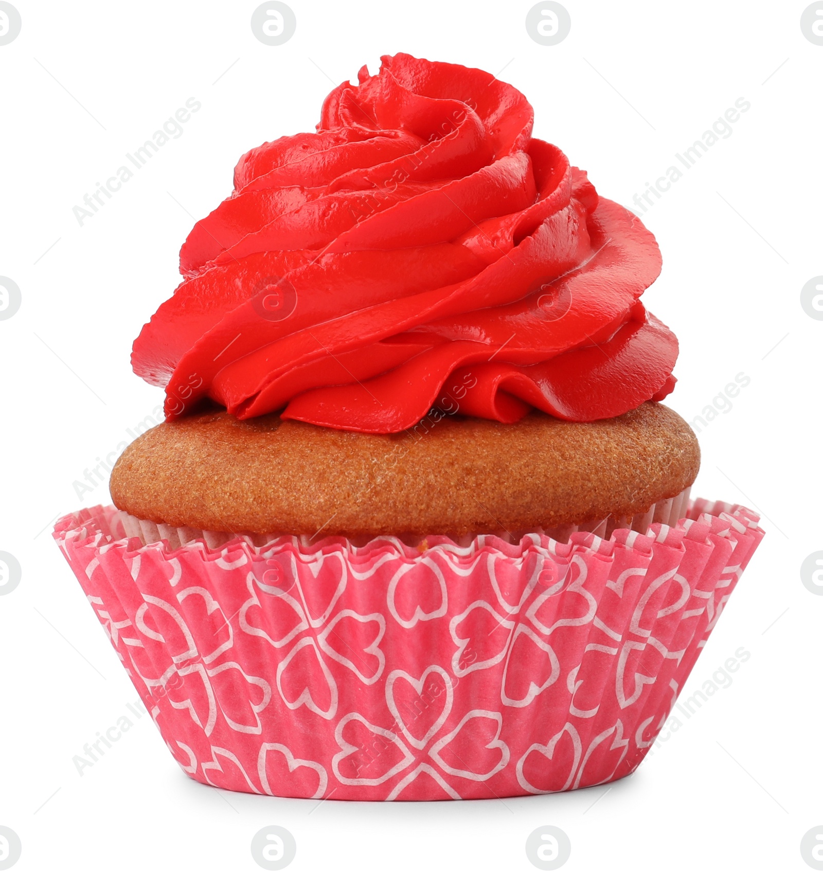 Photo of Delicious cupcake with red cream isolated on white