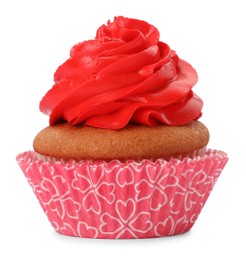 Photo of Delicious cupcake with red cream isolated on white