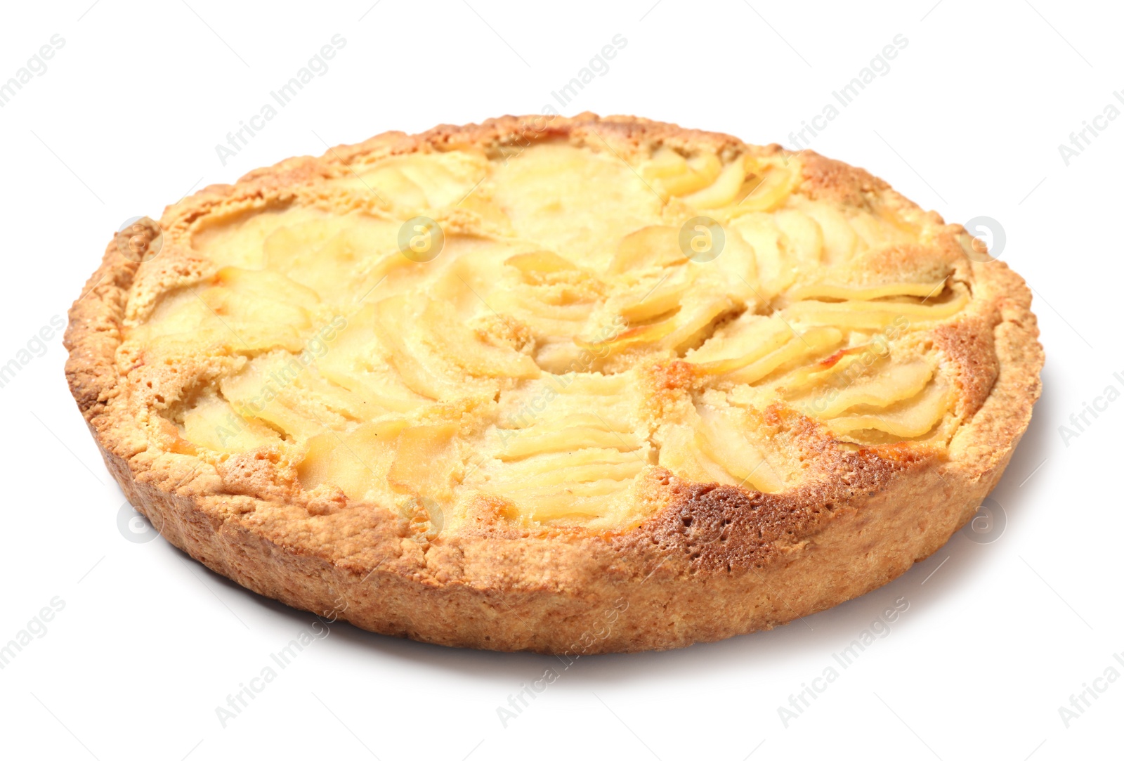 Photo of Delicious sweet pear tart on white background