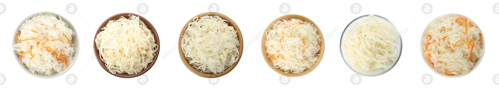 Image of Set of tasty fermented cabbage isolated on white, top view. Banner design 