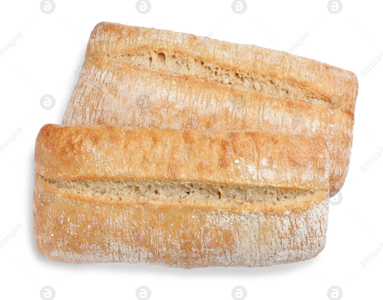 Photo of Crispy ciabattas on white background, top view. Fresh bread