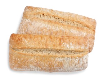 Photo of Crispy ciabattas on white background, top view. Fresh bread