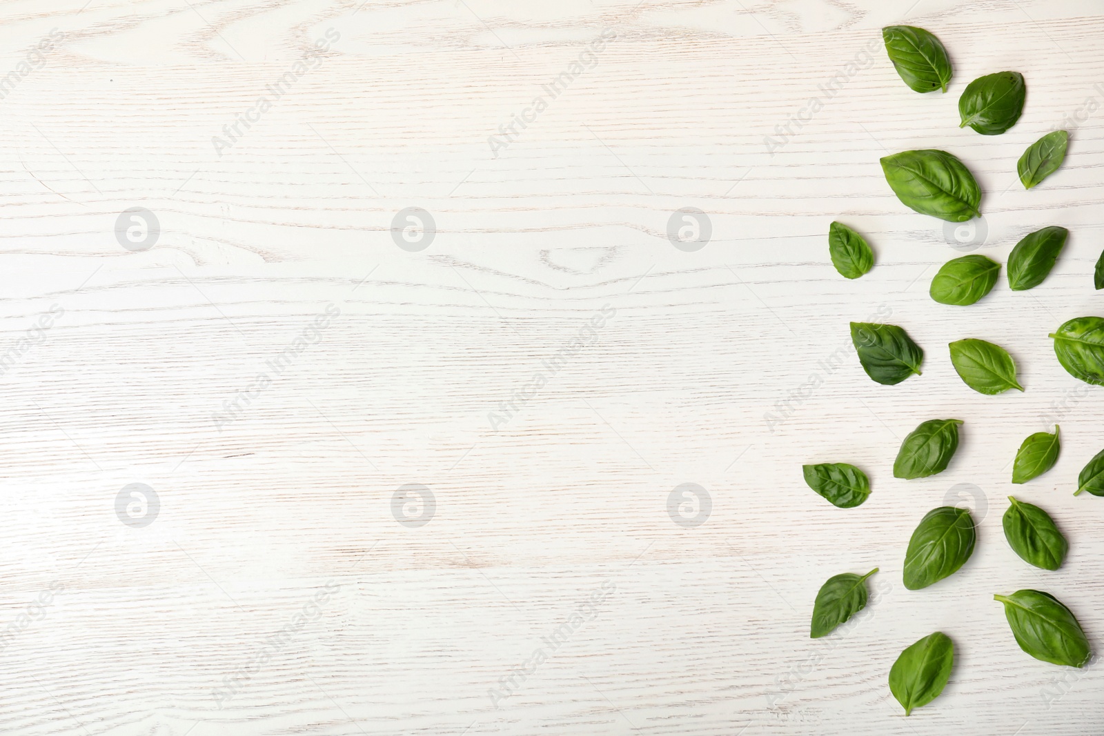 Photo of Fresh green basil leaves and space for text on wooden background, top view