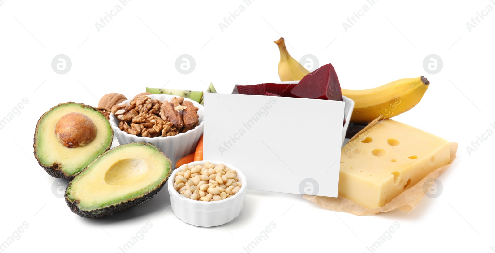 Photo of Many different products and blank card isolated on white. Natural sources of serotonin