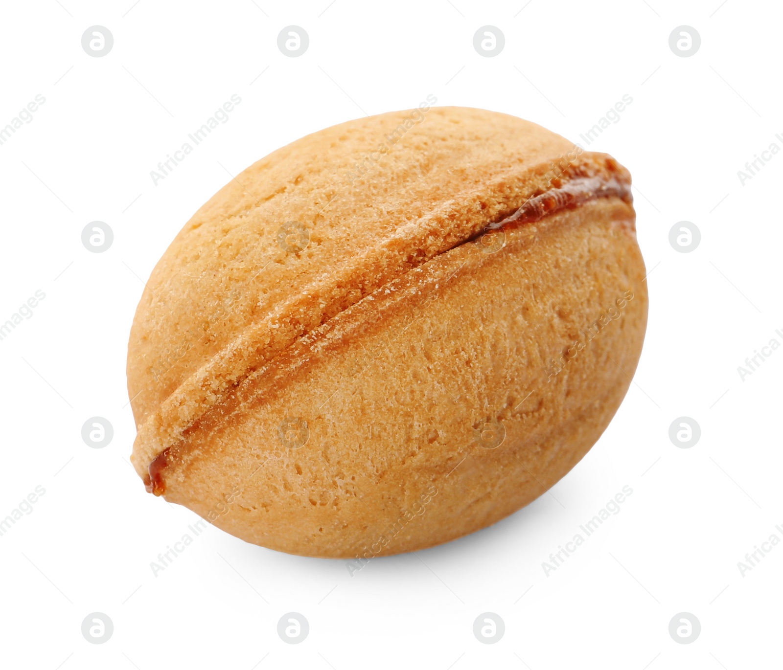 Photo of Delicious nut shaped cookie with boiled condensed milk isolated on white