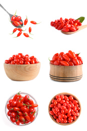 Set of fresh goji berries on white background